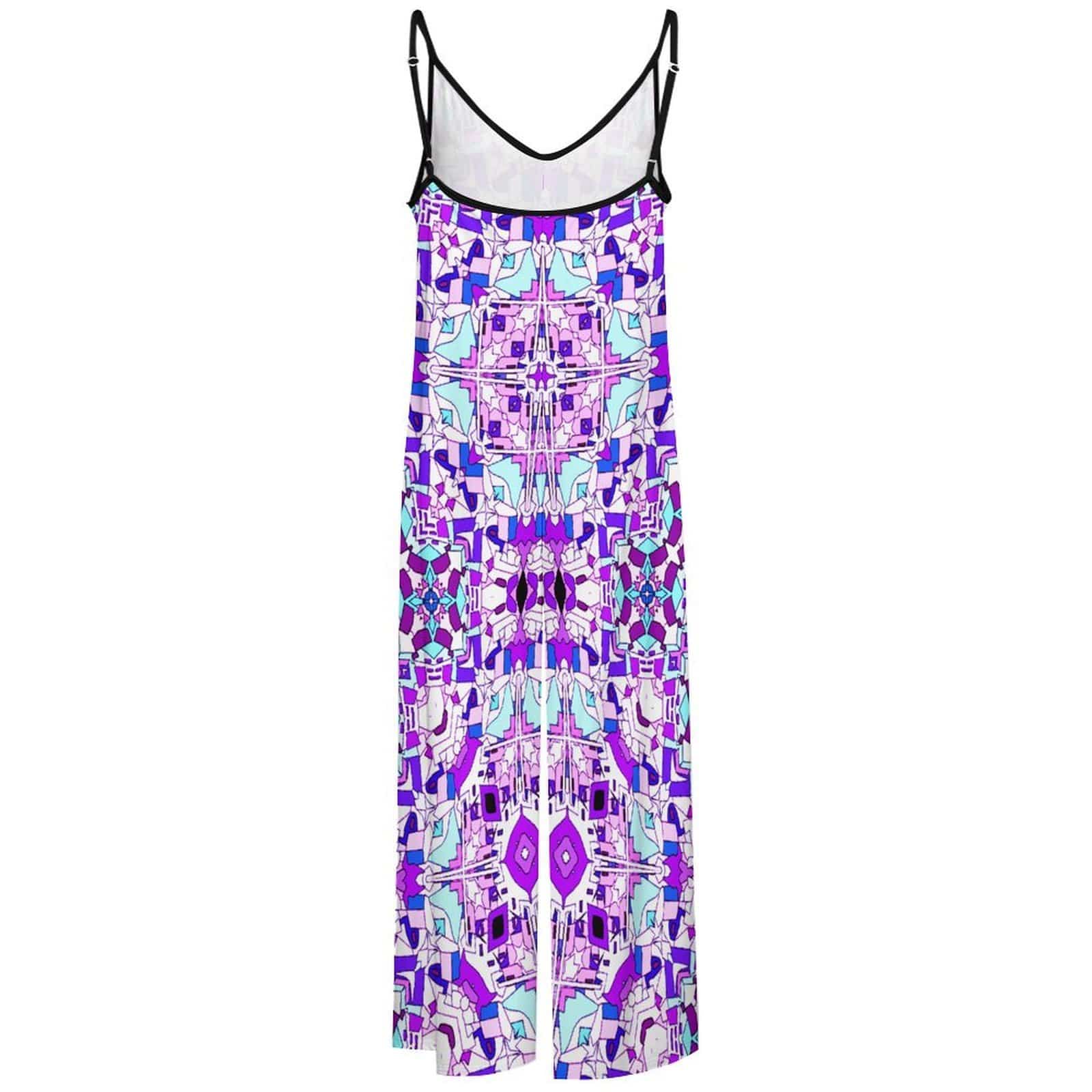 Product studio shot of the back of a wide-leg camisole Abstract Purple Pink Geometric Wide-Leg jumpsuit showcasing a low scoop-back cut, thin black straps, and a continuous kaleidoscopic mosaic print on a white background.
