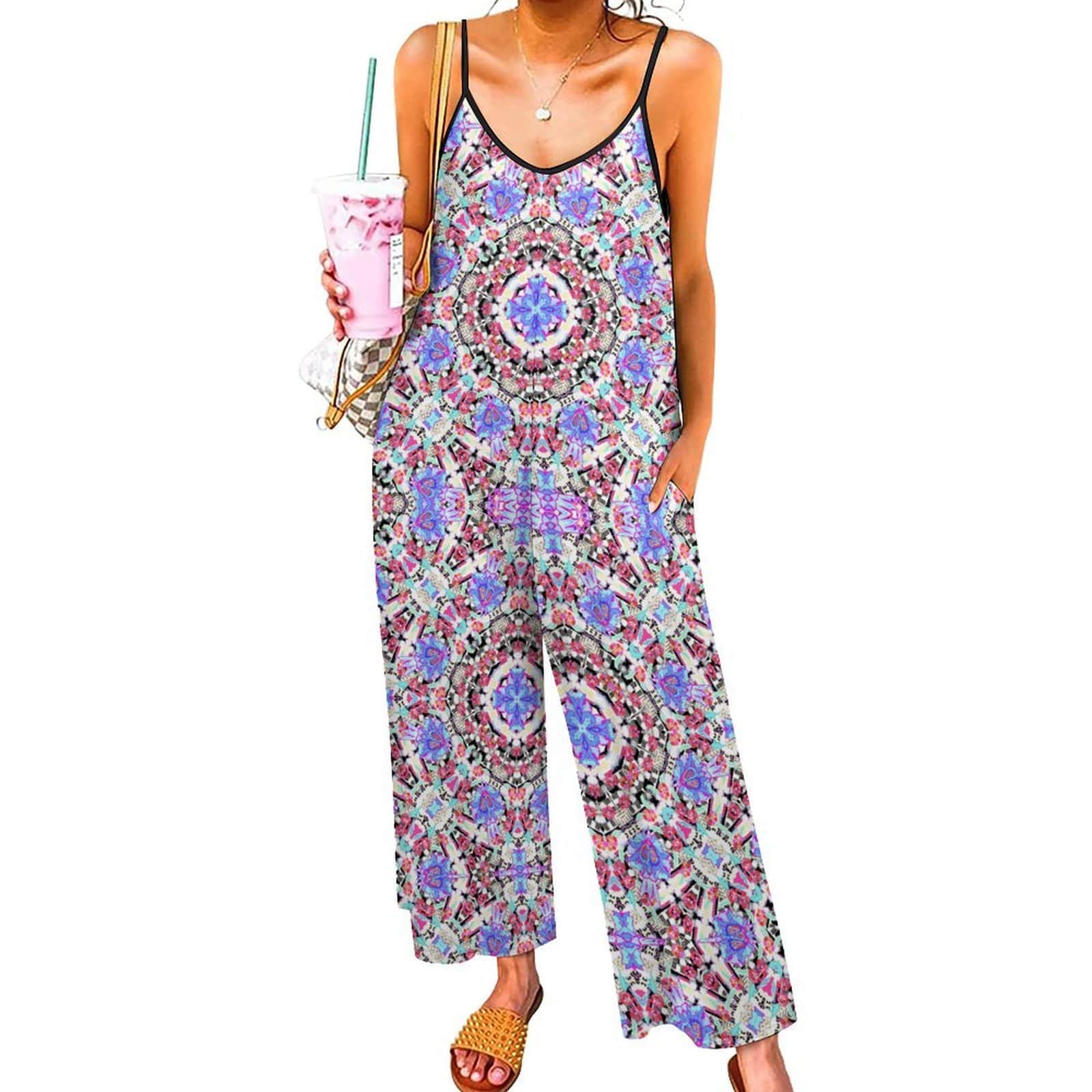 Artsadd white / S Mandala Geometric Purple Print Jumpsuit - Spaghetti Strap Wide-Leg Overalls