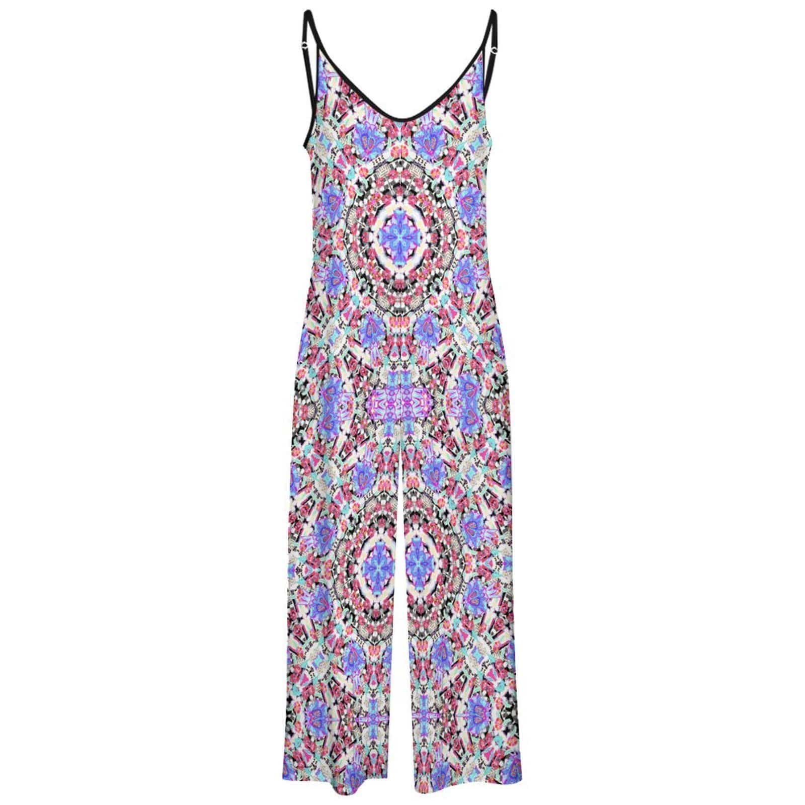 Artsadd Mandala Geometric Purple Print Jumpsuit - Spaghetti Strap Wide-Leg Overalls