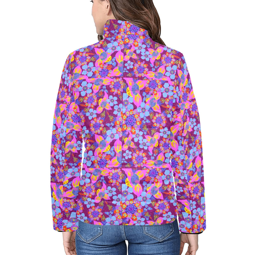 Artsadd Women's Stand Collar Padded Jacket (H41) Women’s Retro Floral Puffer Jacket – Vibrant Purple & Neon Pink