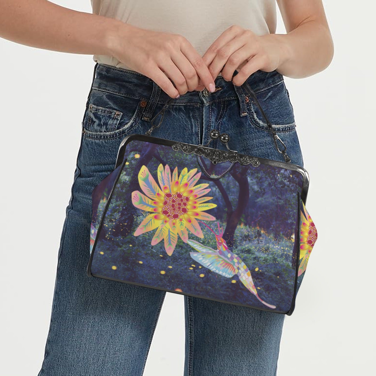Vintage Kisslock Crossbody Bag | Hummingbird Print Top-Handle Satchel