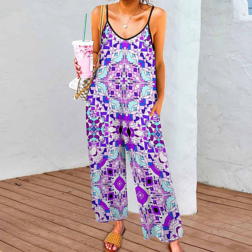 Artsadd Abstract Purple Pink Geometric Wide-Leg Jumpsuit