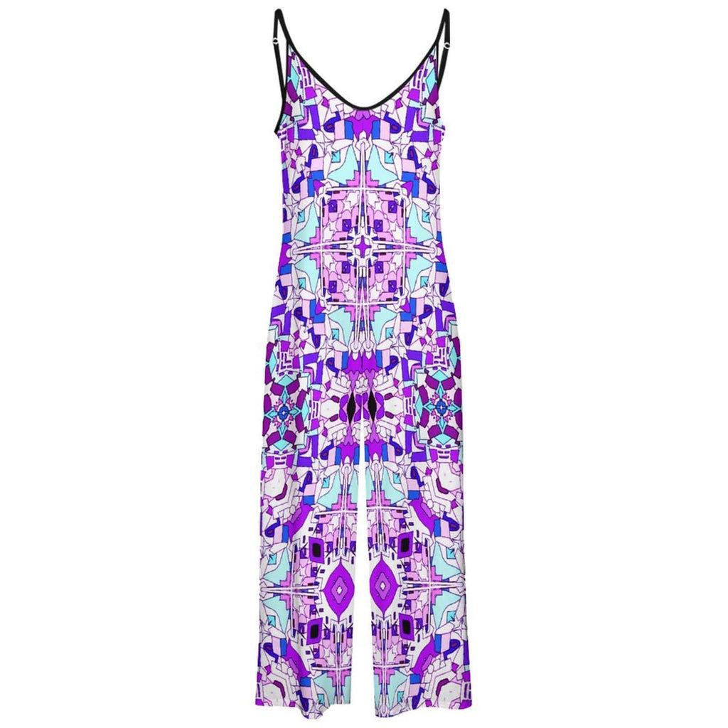 Product studio shot of the front of a wide-leg camisole Abstract Purple Pink Geometric Wide-Leg jumpsuit featuring an intricate, symmetrical abstract geometric pattern in lavender, magenta, mint green, and dark purple against a solid white background.