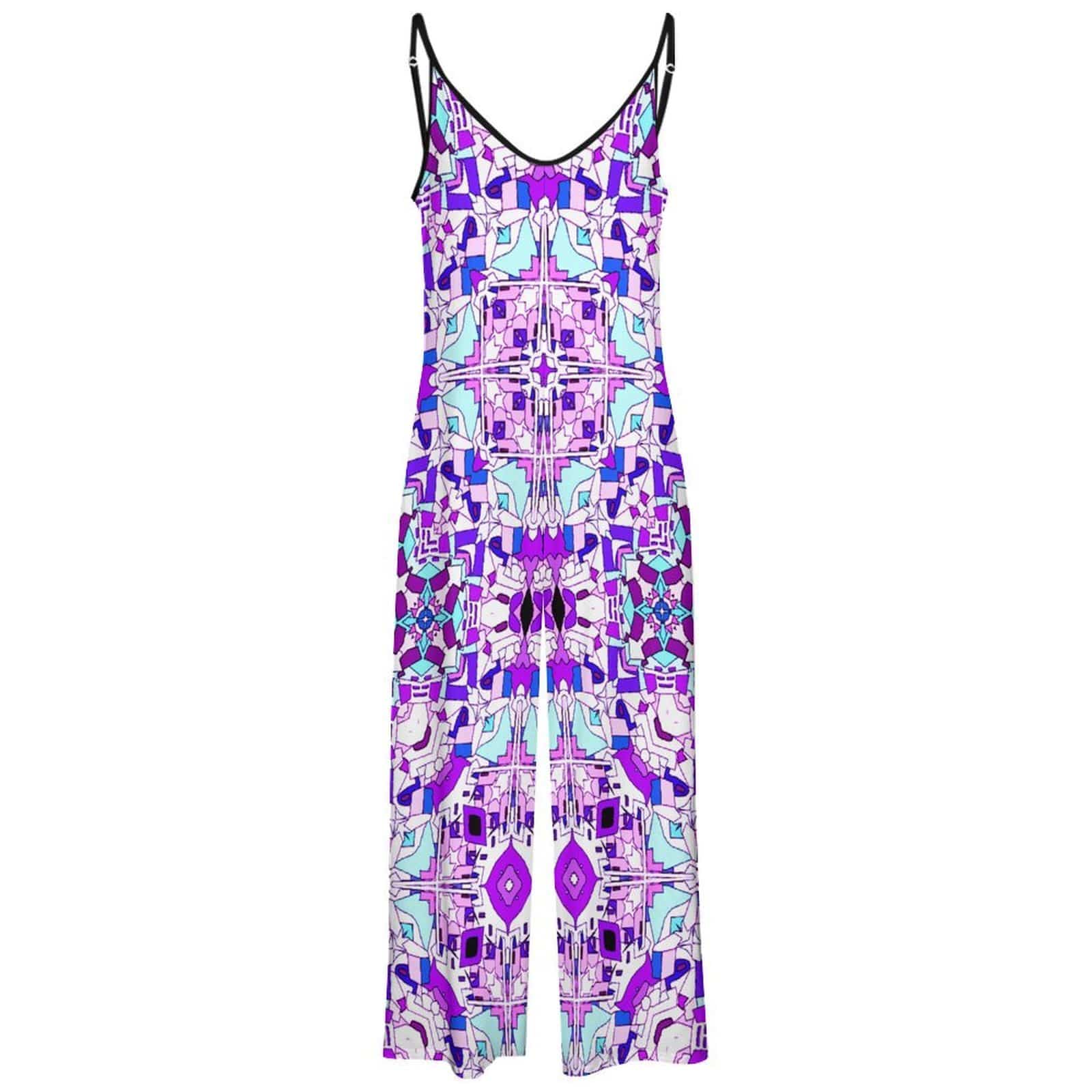 Product studio shot of the front of a wide-leg camisole Abstract Purple Pink Geometric Wide-Leg jumpsuit featuring an intricate, symmetrical abstract geometric pattern in lavender, magenta, mint green, and dark purple against a solid white background.