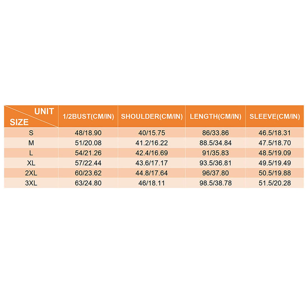 An apparel size chart table for the Purple Magenta V-Neck Shift Dress featuring custom garment measurements in centimeters and inches for sizes Small to 3XL, detailing bust, shoulder, length, and sleeve dimensions with an orange header.