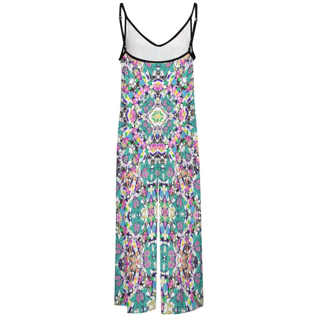 Artsadd Boho Geometric  Pink Green Jumpsuit - Spaghetti Strap Wide-Leg Overalls