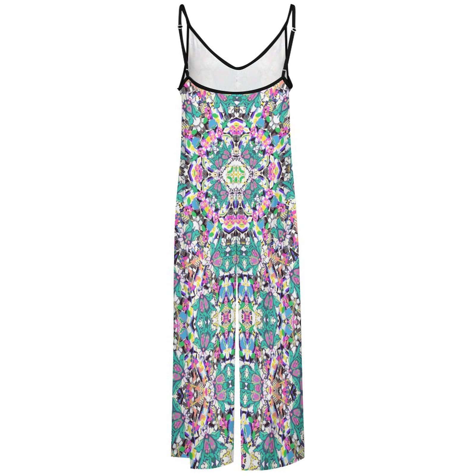 Artsadd Boho Geometric  Pink Green Jumpsuit - Spaghetti Strap Wide-Leg Overalls