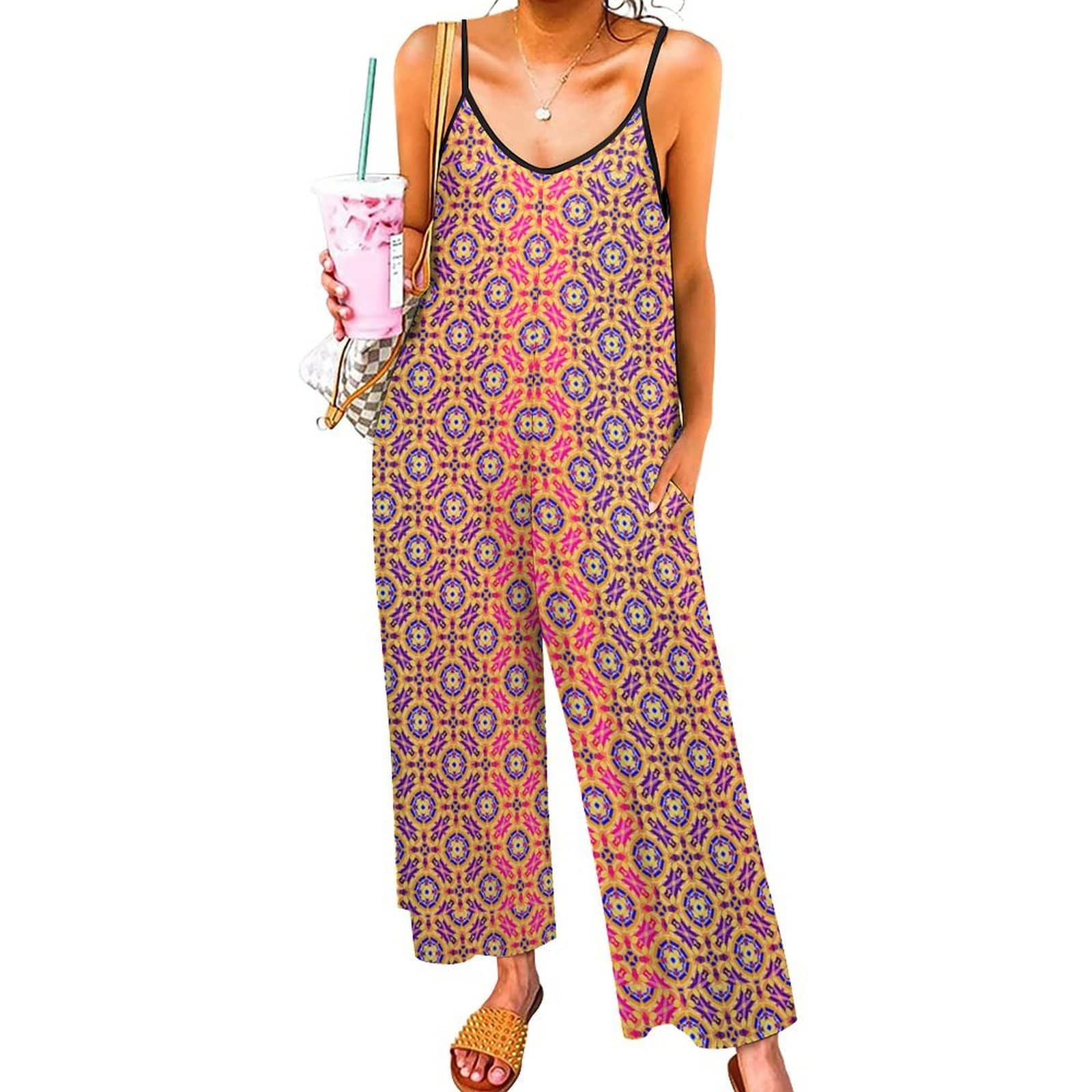 Artsadd white / S Golden Mosaic Geometric Print Spaghetti Strap Jumpsuit