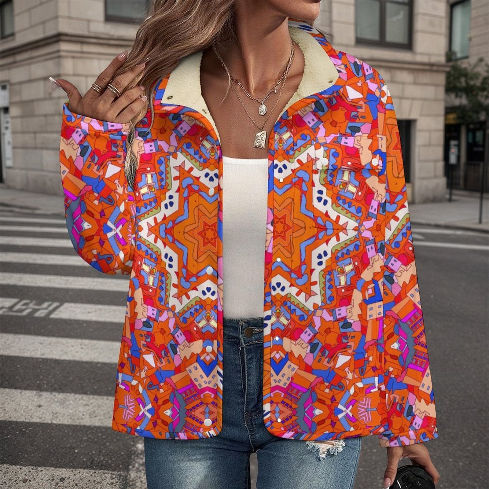 Colorful Kaleidoscope Print Snap Jacket | Trippy Abstract Fleece-Lined Winter Coat, Bold Boho Geometric Festival Streetwear