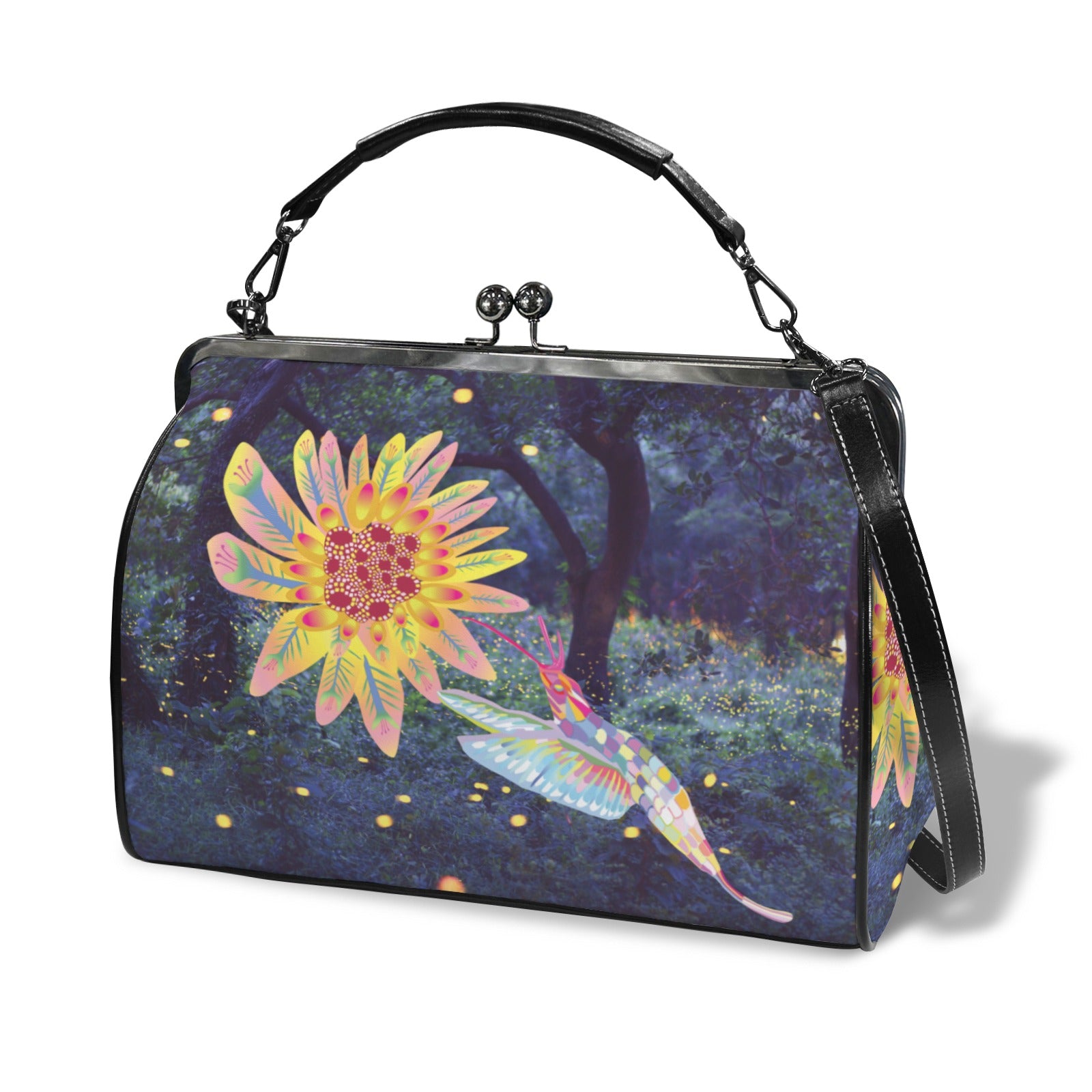 Vintage Kiss lock Crossbody Bag | Hummingbird Print Top-Handle Satchel-Large