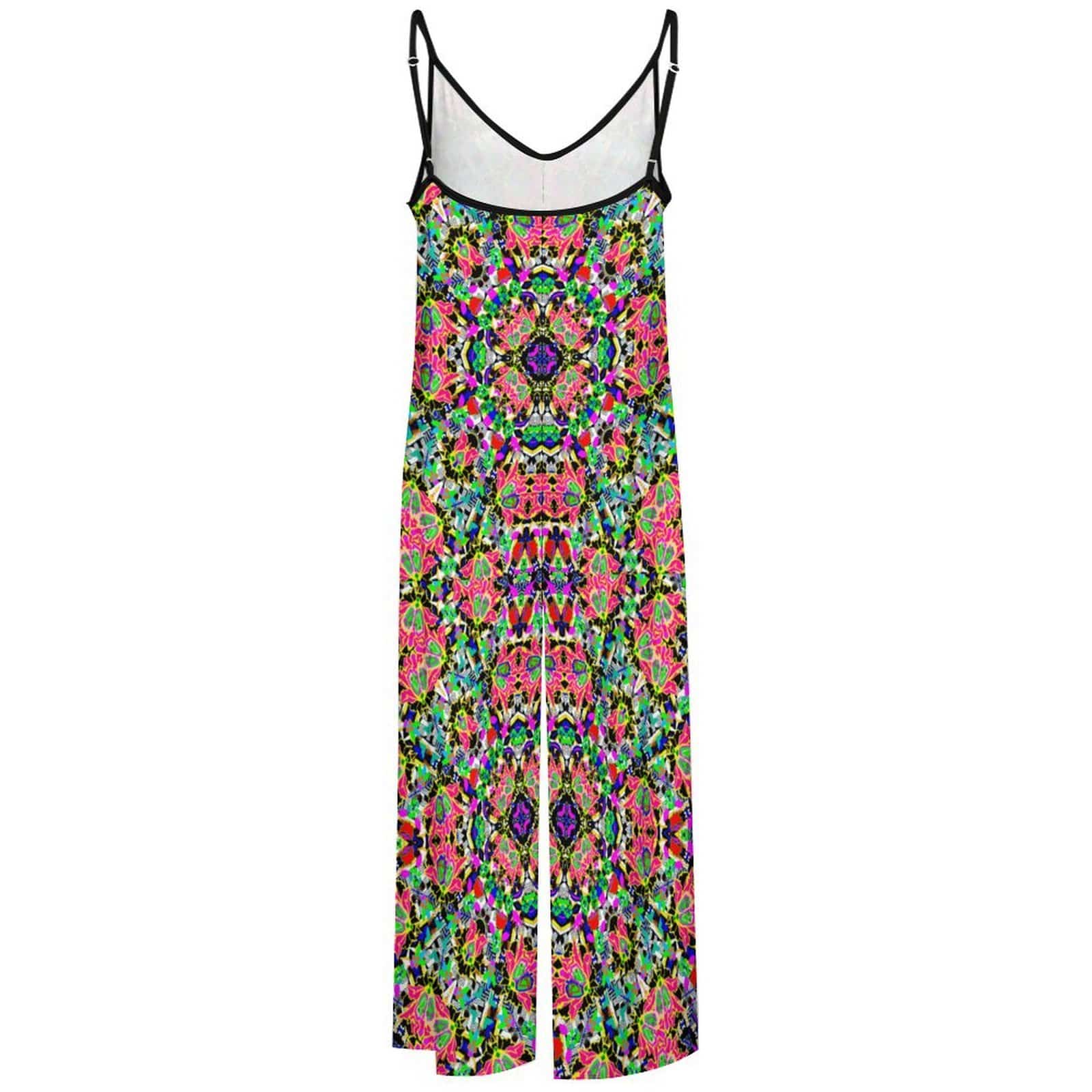 Artsadd Red Green Floral Geometric Print Spaghetti Strap Jumpsuit