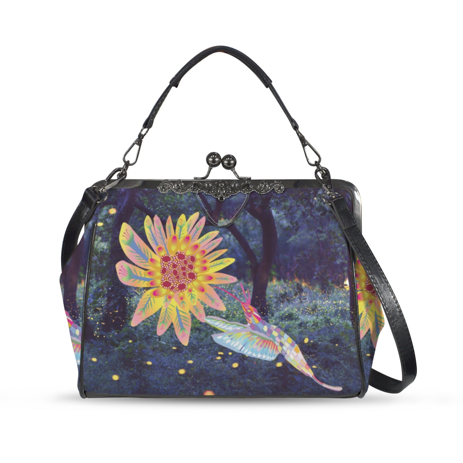 Vintage Kisslock Crossbody Bag | Hummingbird Print Top-Handle Satchel
