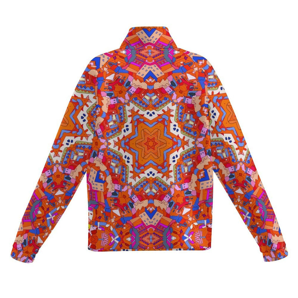 Colorful Kaleidoscope Print Snap Jacket | Trippy Abstract Fleece-Lined Winter Coat, Bold Boho Geometric Festival Streetwear