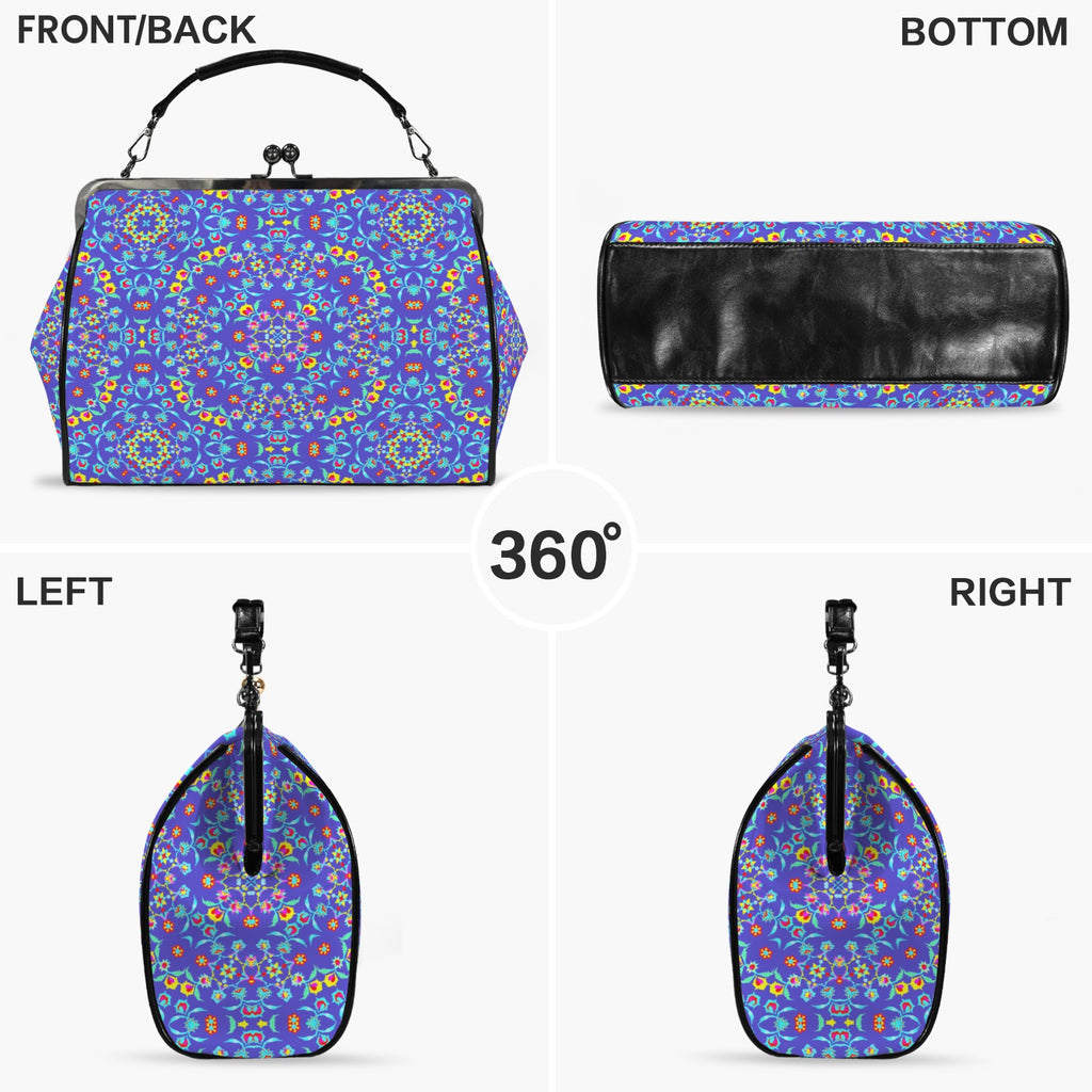 360 degree product view showing front, back, bottom, left, and right sides of cobalt blue kiss lock handbag