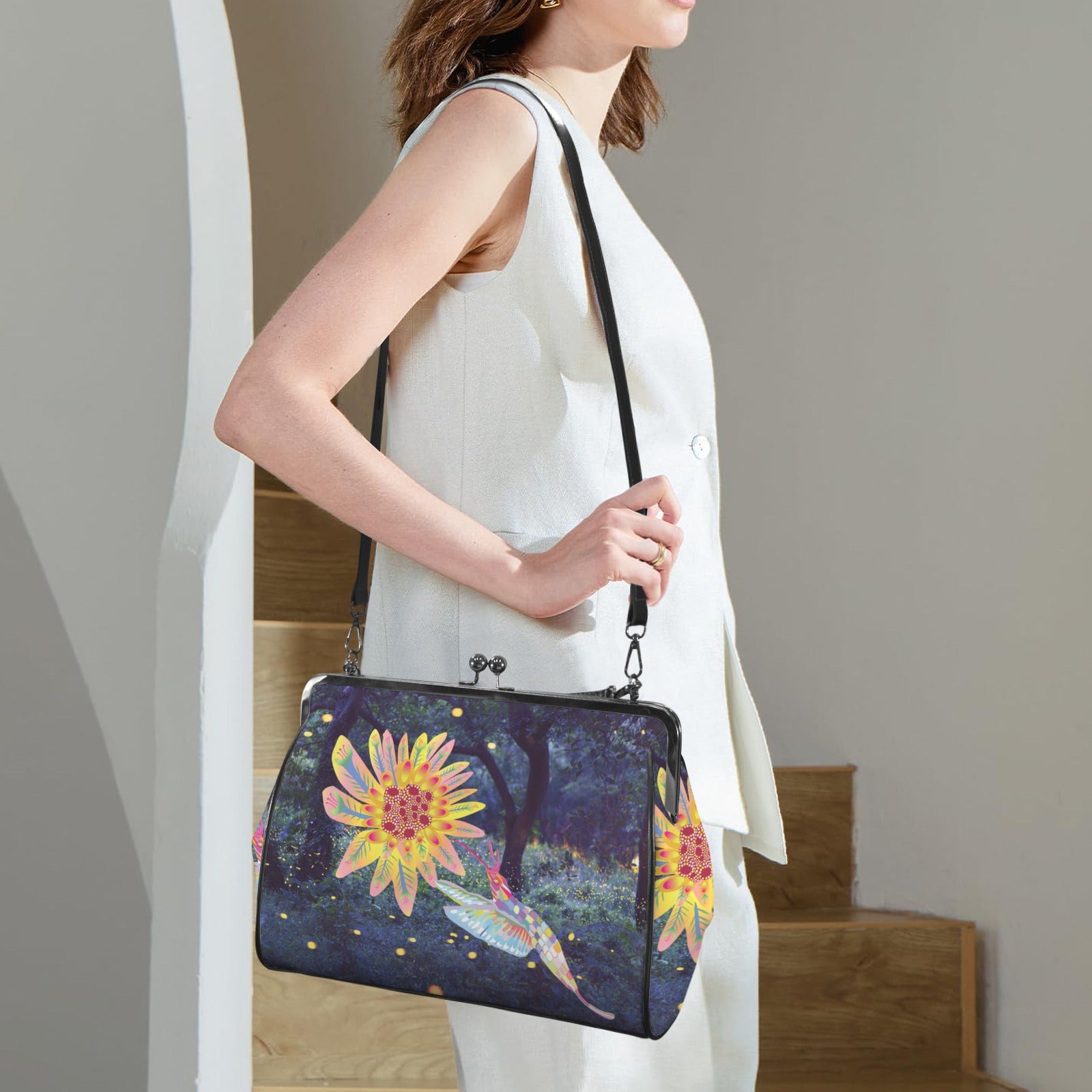 Vintage Kiss lock Crossbody Bag | Hummingbird Print Top-Handle Satchel-Large