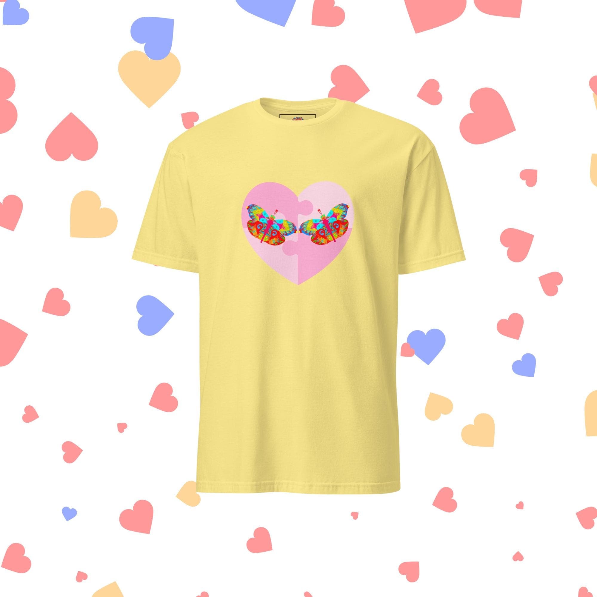 Vibrant Apparel New Zealand Cornsilk / S US letter Butterfly Heart Graphic Tee, Colorful Love Shirt