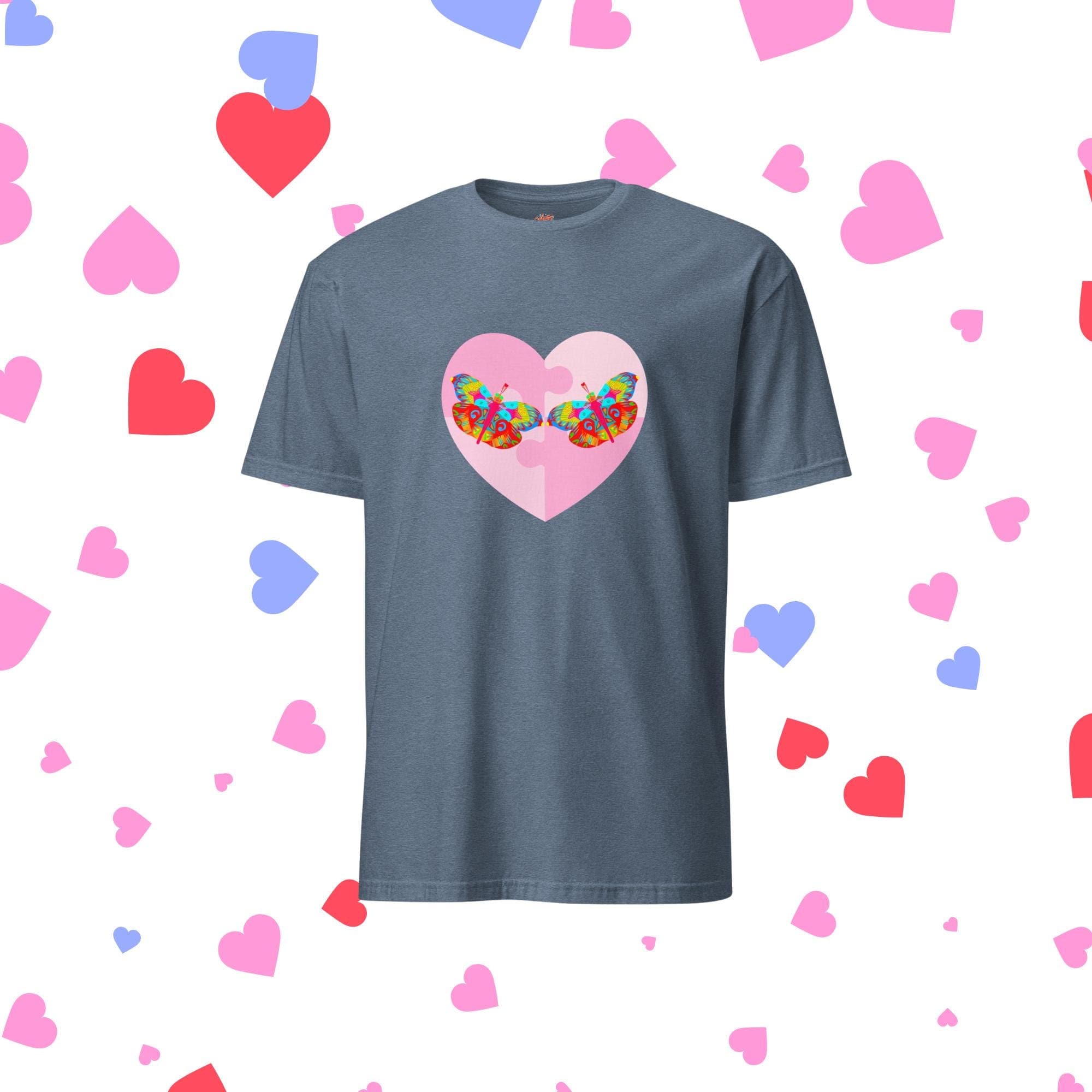 Vibrant Apparel New Zealand Heather Indigo / S US letter Butterfly Heart Graphic Tee, Colorful Love Shirt