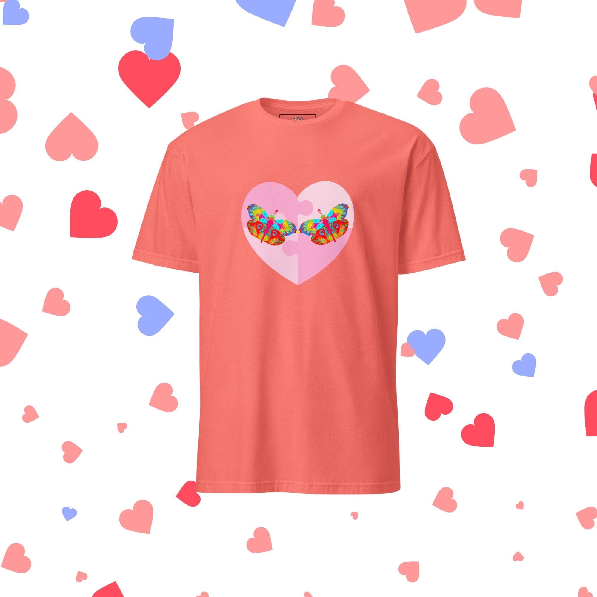 Vibrant Apparel New Zealand Coral Silk / S US letter Butterfly Heart Graphic Tee, Colorful Love Shirt