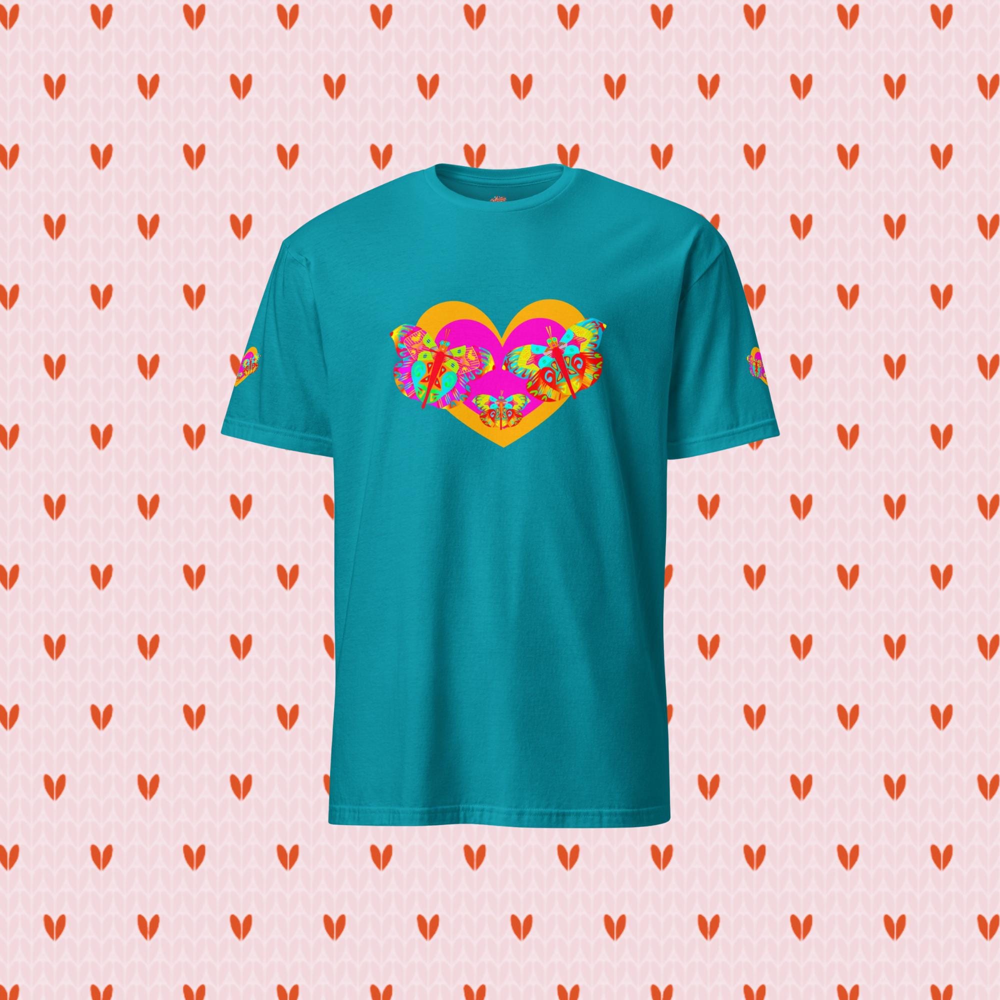 Vibrant Apparel New Zealand Valentine Butterfly Heart Tee, Colorful Love Graphic Shirt for Women & Men