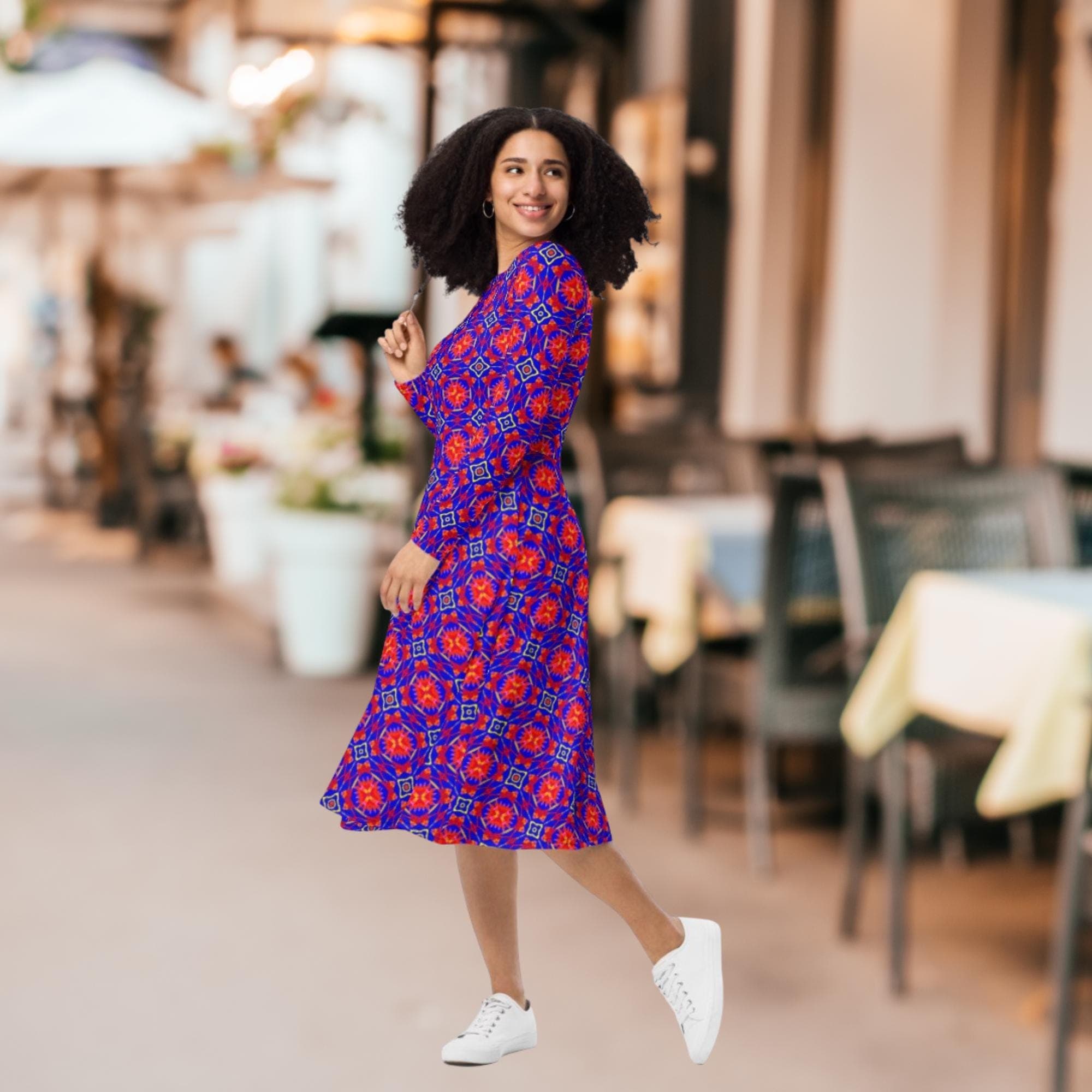 Vibrant Apparel New Zealand Geometric Print Midi Dress with Pockets, Fit and Flare Skater Style