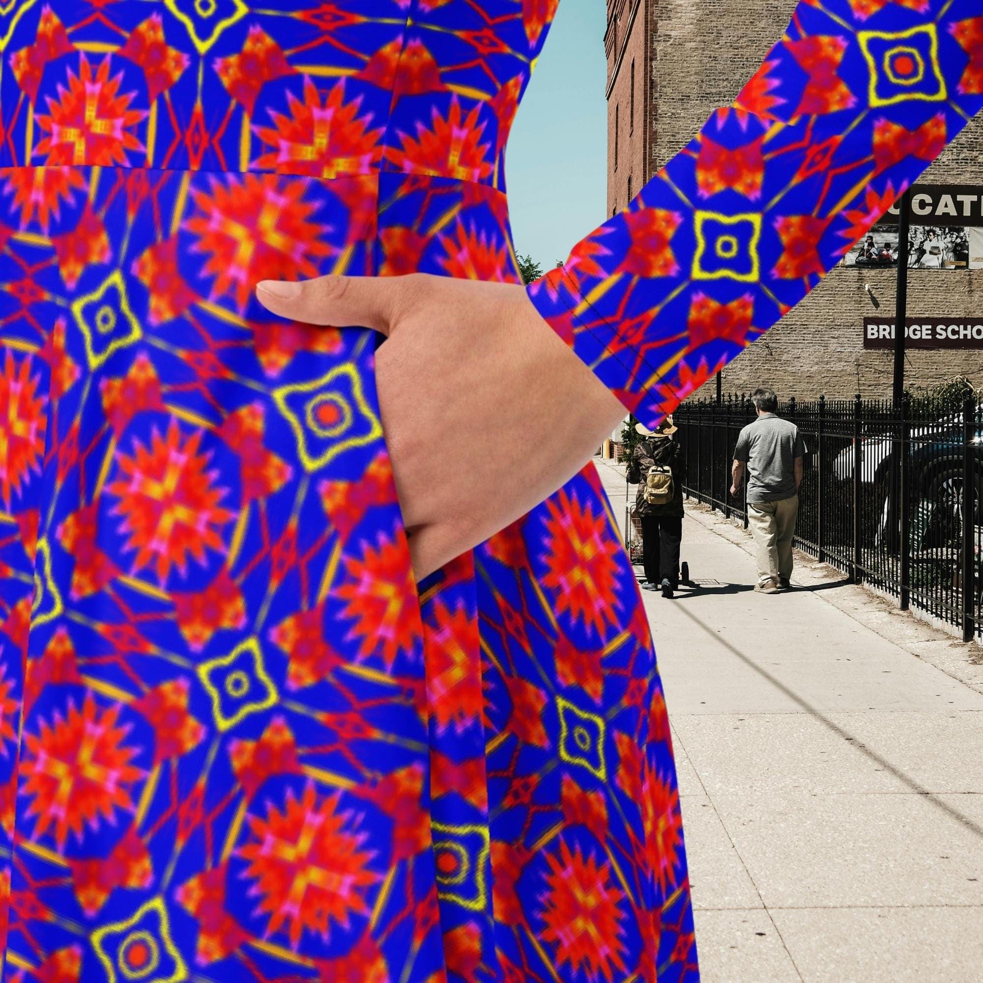 Vibrant Apparel New Zealand Geometric Print Midi Dress with Pockets, Fit and Flare Skater Style
