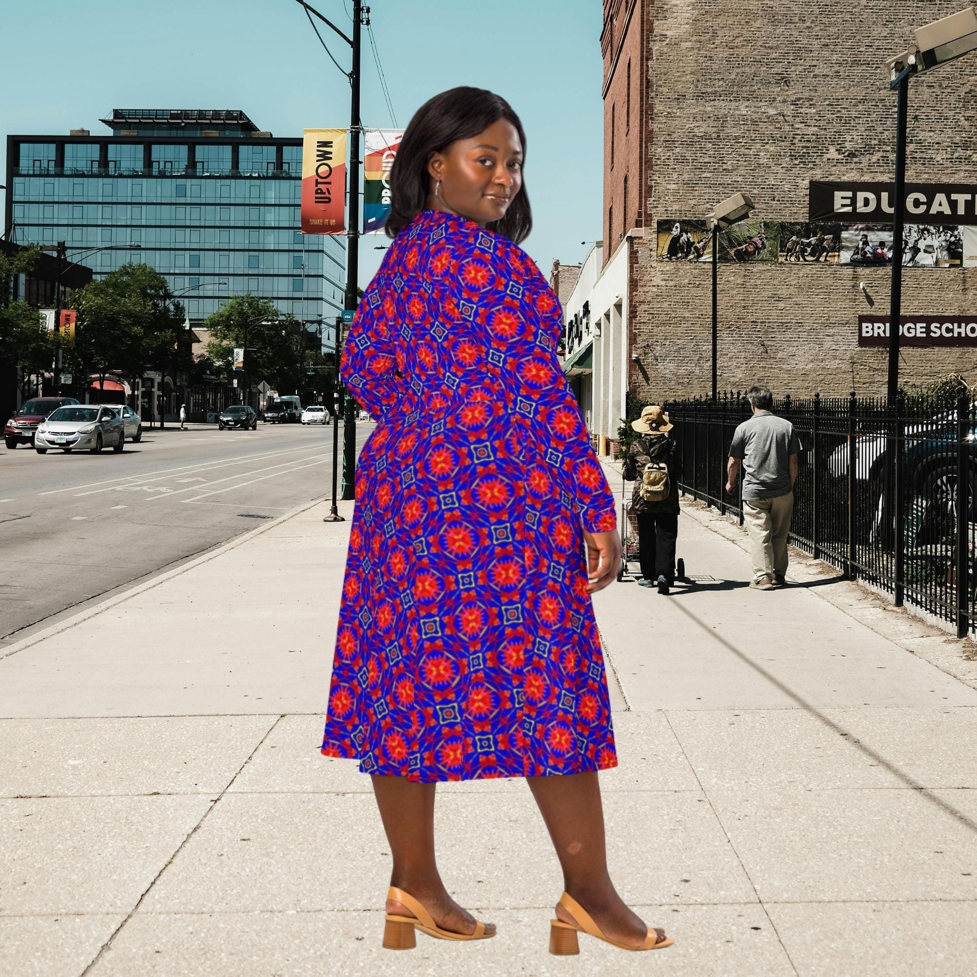 Vibrant Apparel New Zealand Geometric Print Midi Dress with Pockets, Fit and Flare Skater Style