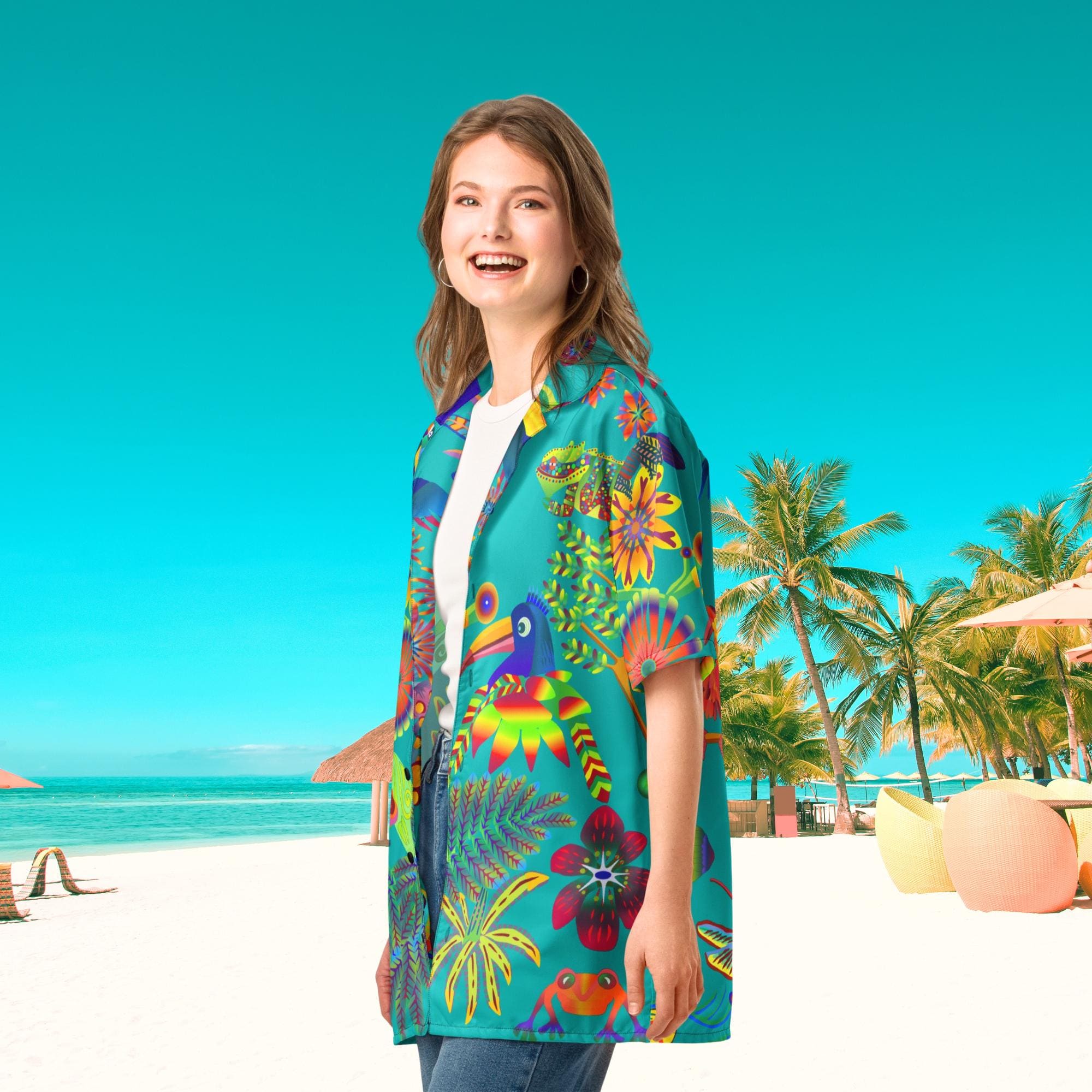 Vibrant Apparel New Zealand Tropical Bird Hawaiian Shirt, Teal Graphic Button Up, Oversized Resort Wear (UPF 50+)