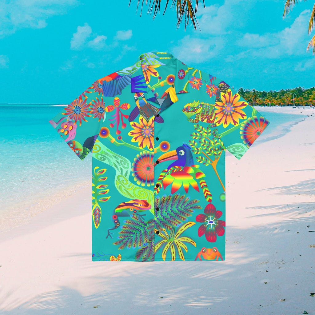 Vibrant Apparel New Zealand Tropical Bird Hawaiian Shirt, Teal Graphic Button Up, Oversized Resort Wear (UPF 50+)