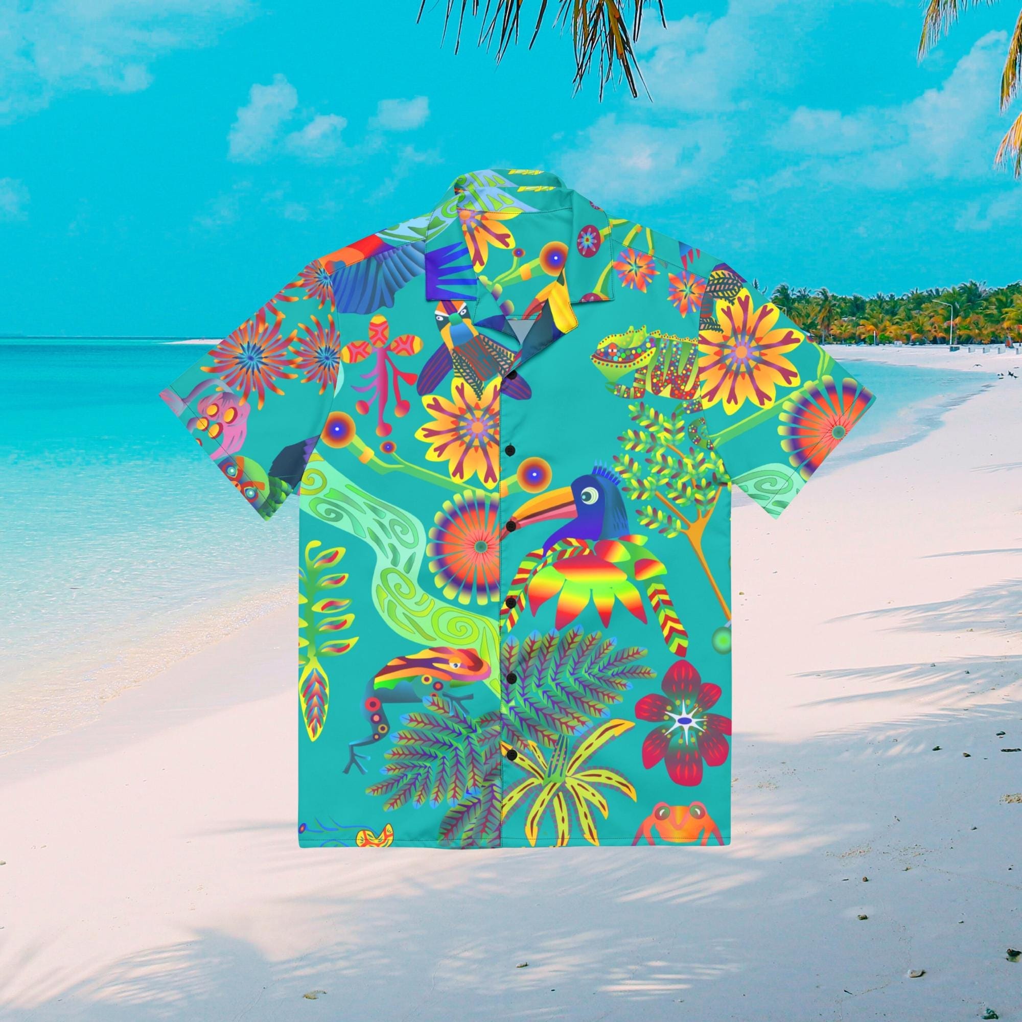 Vibrant Apparel New Zealand Tropical Bird Hawaiian Shirt, Teal Graphic Button Up, Oversized Resort Wear (UPF 50+)