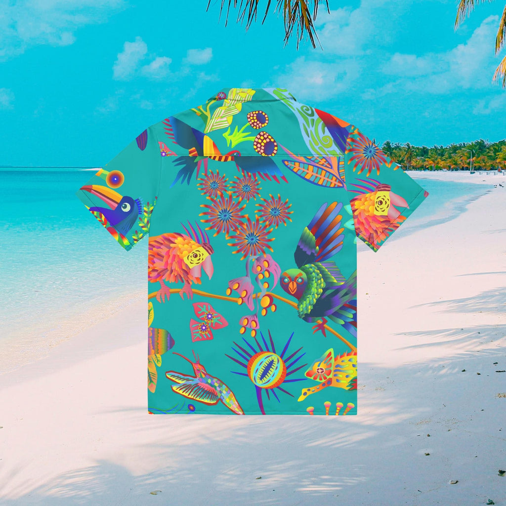 Vibrant Apparel New Zealand Tropical Bird Hawaiian Shirt, Teal Graphic Button Up, Oversized Resort Wear (UPF 50+)