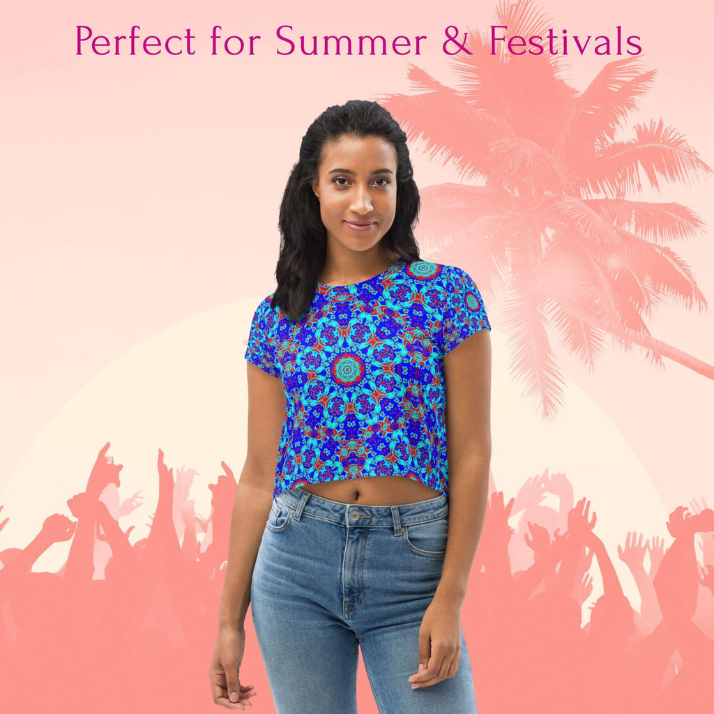 Vibrant Apparel New Zealand Mosaic Floral Crop Tee – Women's Colorful Print, Boho Festival Top