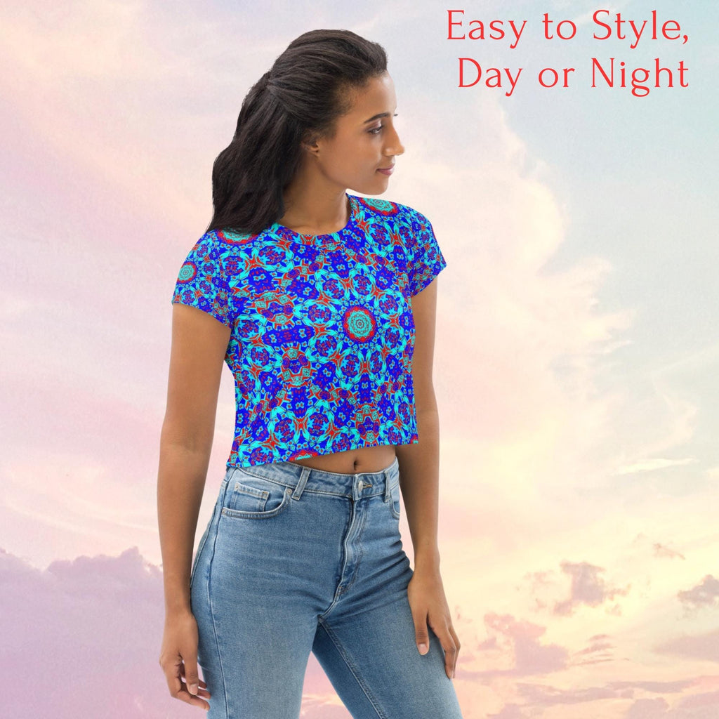 Vibrant Apparel New Zealand Mosaic Floral Crop Tee – Women's Colorful Print, Boho Festival Top