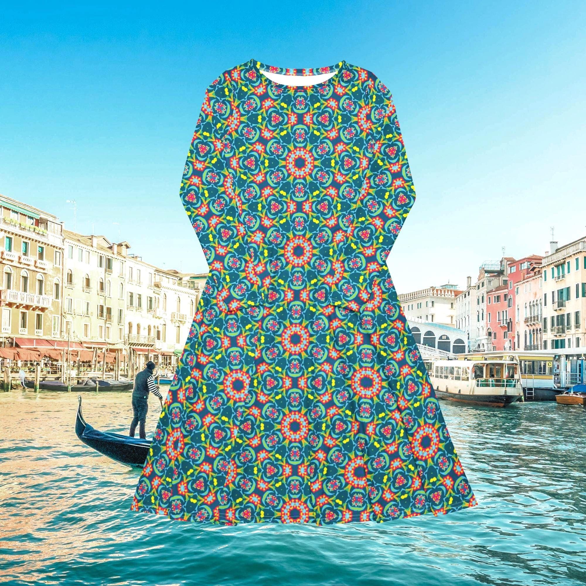 Vibrant Apparel New Zealand Persian Floral Midi Dress with Pockets, Fit and Flare Long Sleeve Boho Dress