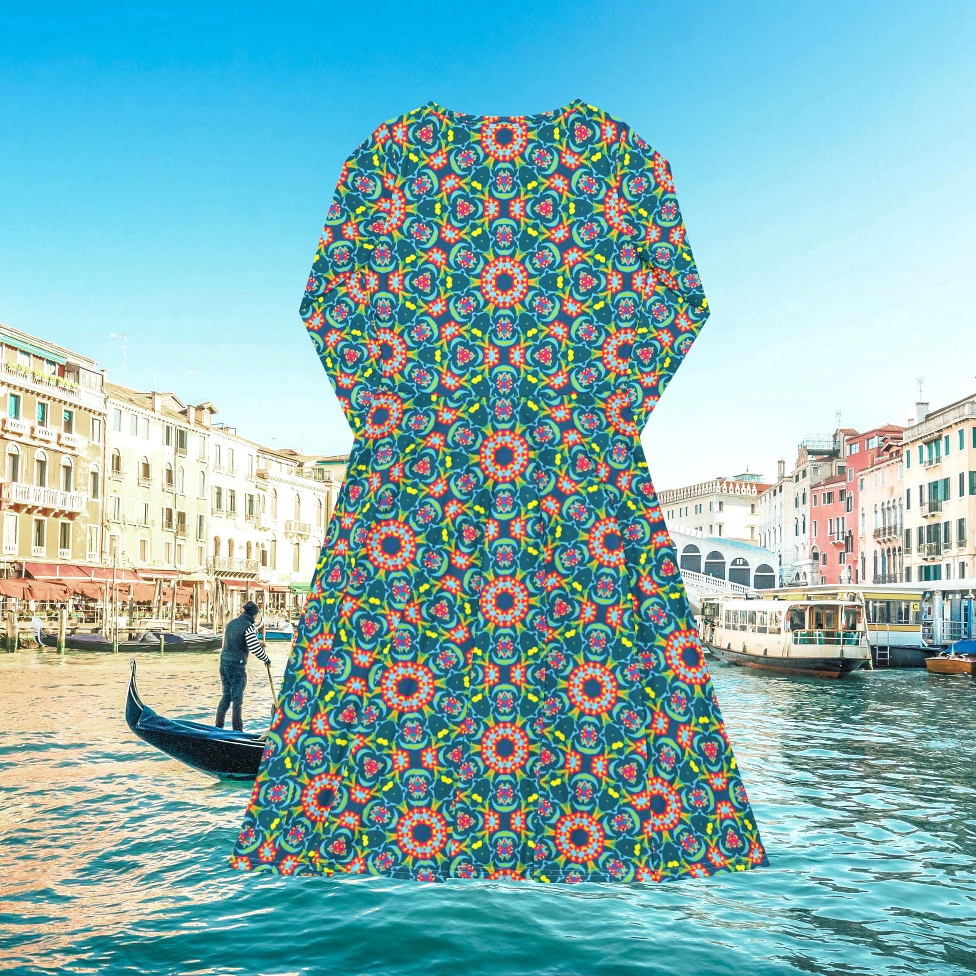 Vibrant Apparel New Zealand Persian Floral Midi Dress with Pockets, Fit and Flare Long Sleeve Boho Dress