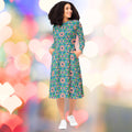 Vibrant Apparel New Zealand Persian Floral Midi Dress with Pockets, Fit and Flare Long Sleeve Boho Dress