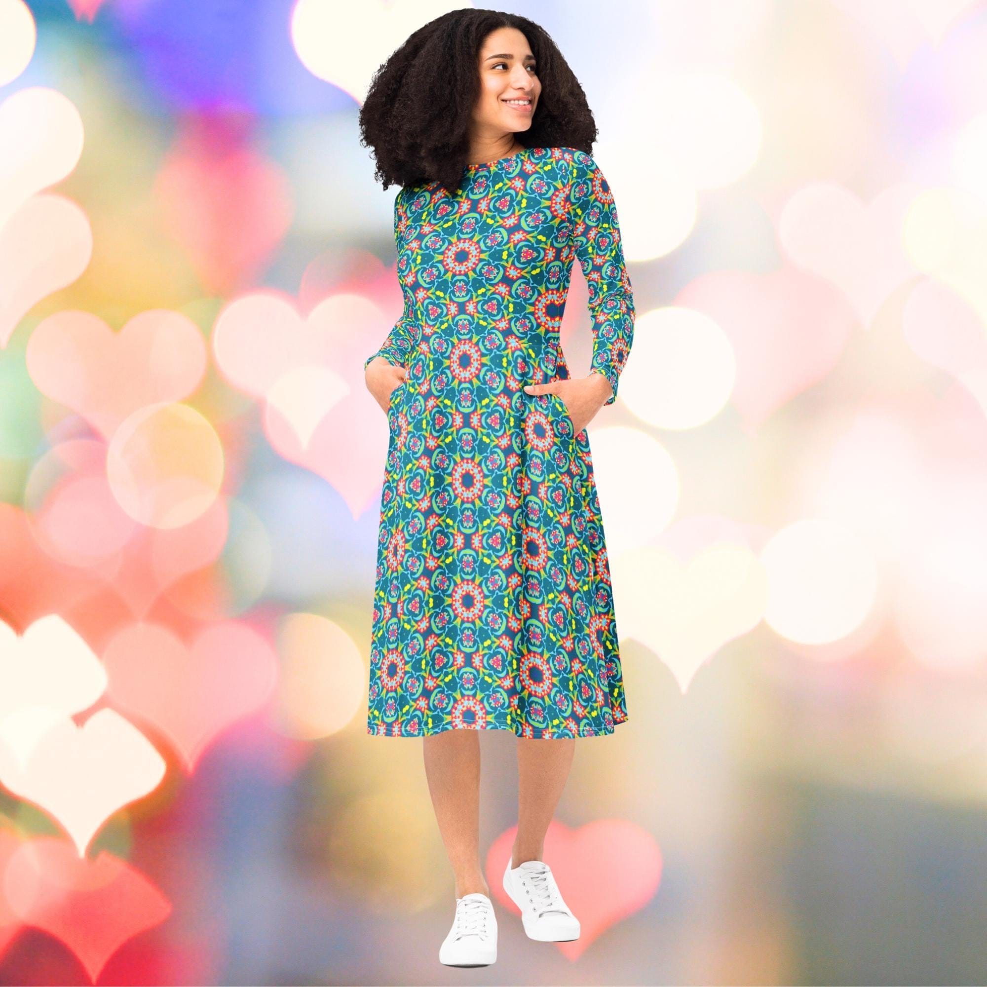 Vibrant Apparel New Zealand Persian Floral Midi Dress with Pockets, Fit and Flare Long Sleeve Boho Dress