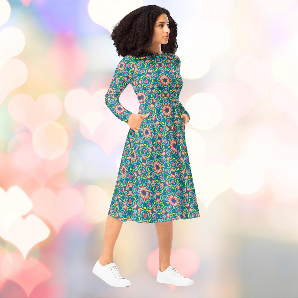 Vibrant Apparel New Zealand Persian Floral Midi Dress with Pockets, Fit and Flare Long Sleeve Boho Dress