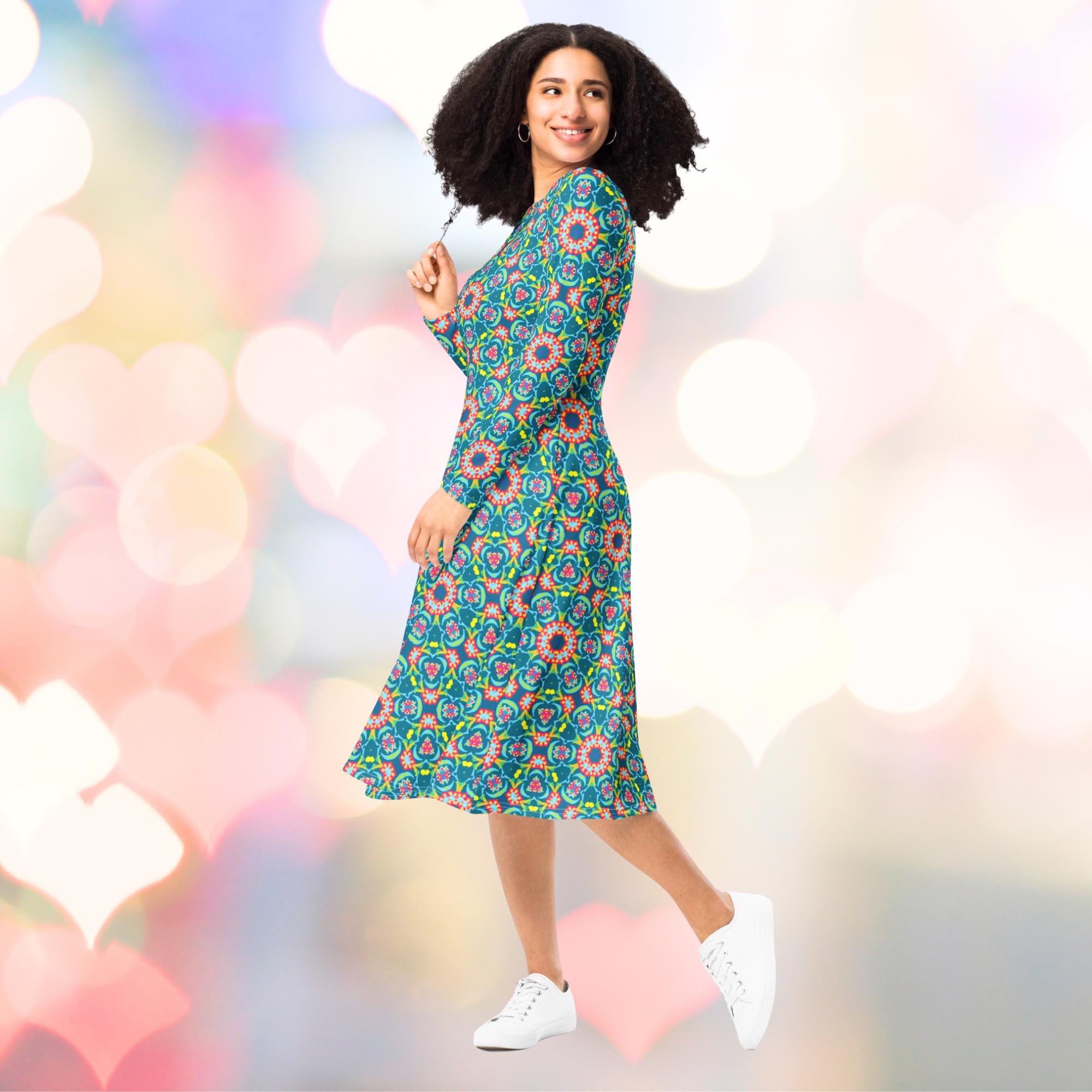 Vibrant Apparel New Zealand Persian Floral Midi Dress with Pockets, Fit and Flare Long Sleeve Boho Dress