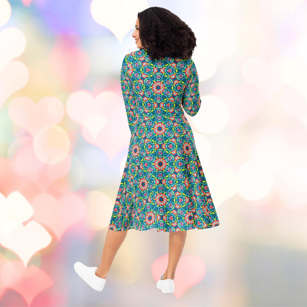 Vibrant Apparel New Zealand Persian Floral Midi Dress with Pockets, Fit and Flare Long Sleeve Boho Dress