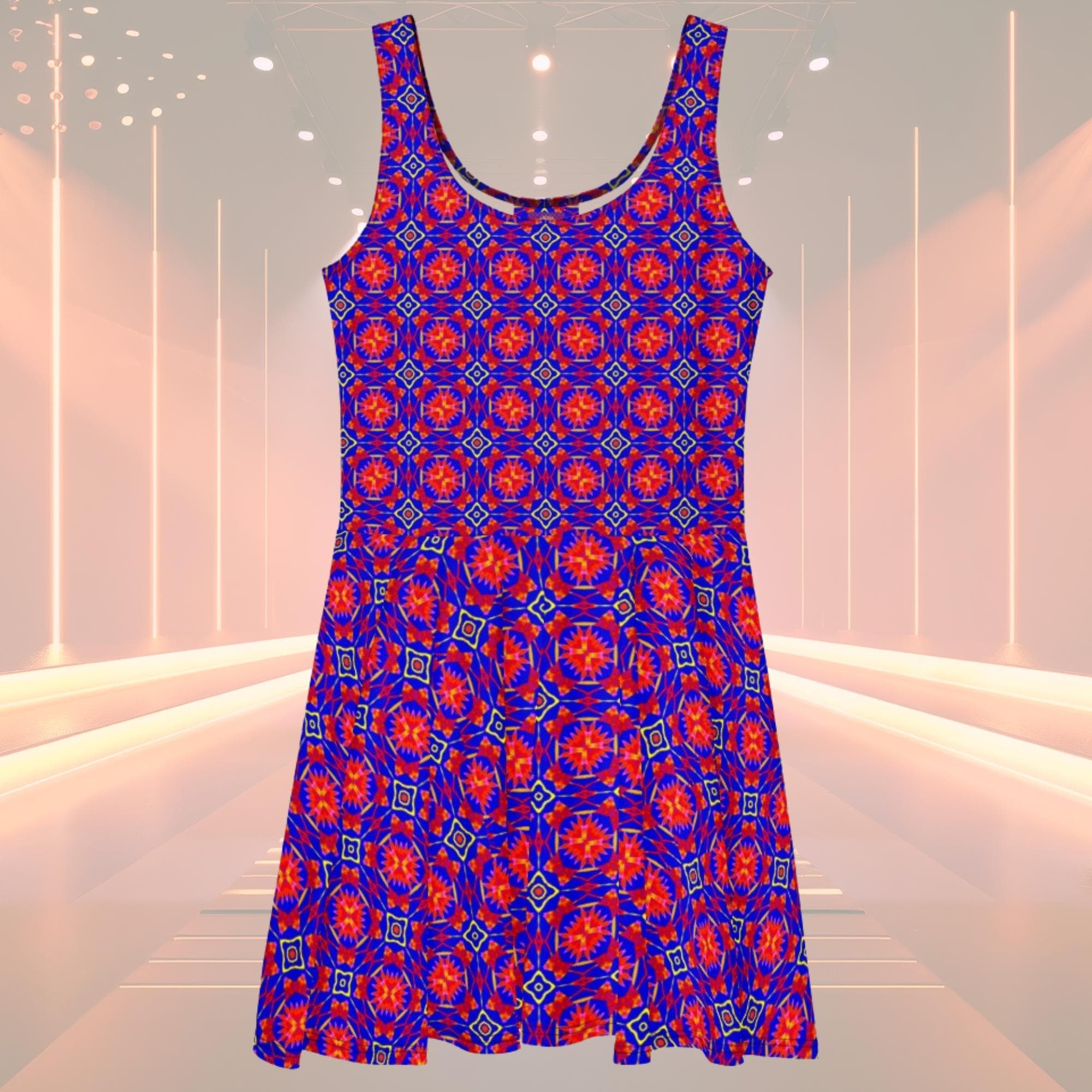 Vibrant Apparel New Zealand Geometric Floral Skater Dress, Sleeveless Fit and Flare Summer Dress for Women