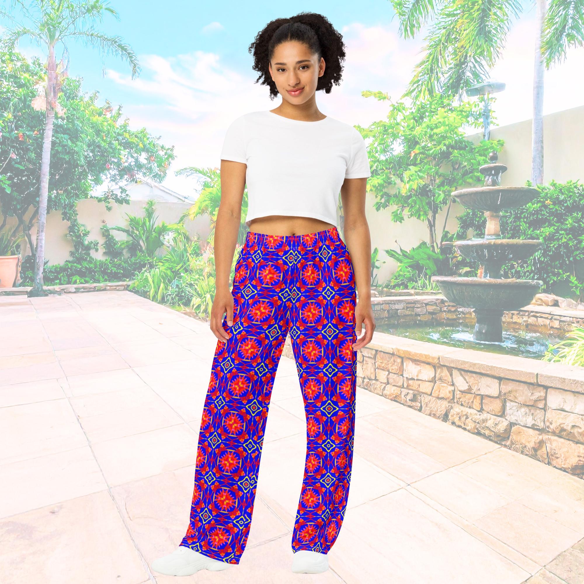 Vibrant Apparel New Zealand 2XS Boho Palazzo Pants, All Over Print Flowy Loungewear, Drawstring Pockets