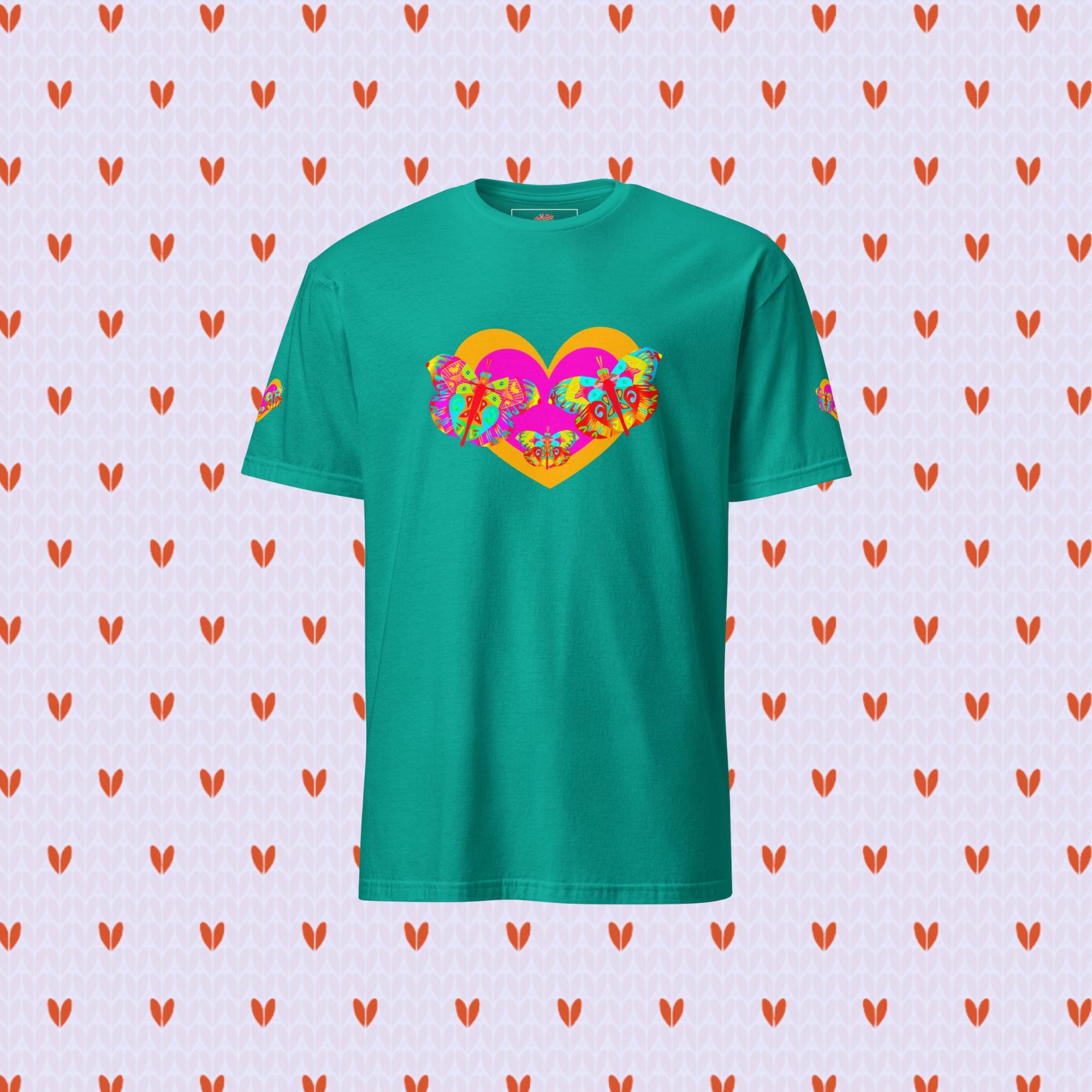 Vibrant Apparel New Zealand Valentine Butterfly Heart Tee, Colorful Love Graphic Shirt for Women & Men