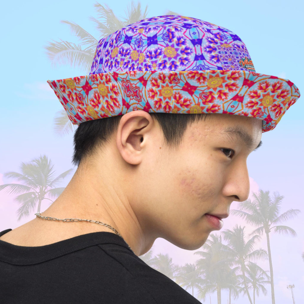 Vibrant Apparel New Zealand Reversible Floral Kaleidoscope Bucket Hat, Festival Rave Streetwear, Linen Feel Sun Hat