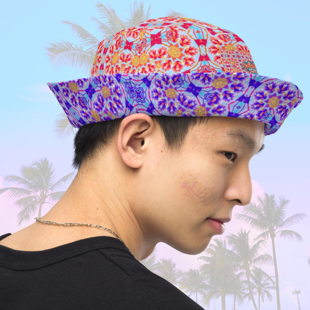 Vibrant Apparel New Zealand Reversible Floral Kaleidoscope Bucket Hat, Festival Rave Streetwear, Linen Feel Sun Hat