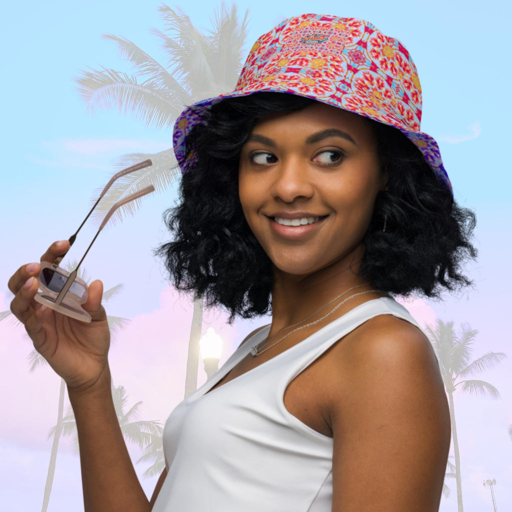 Vibrant Apparel New Zealand Reversible Floral Kaleidoscope Bucket Hat, Festival Rave Streetwear, Linen Feel Sun Hat