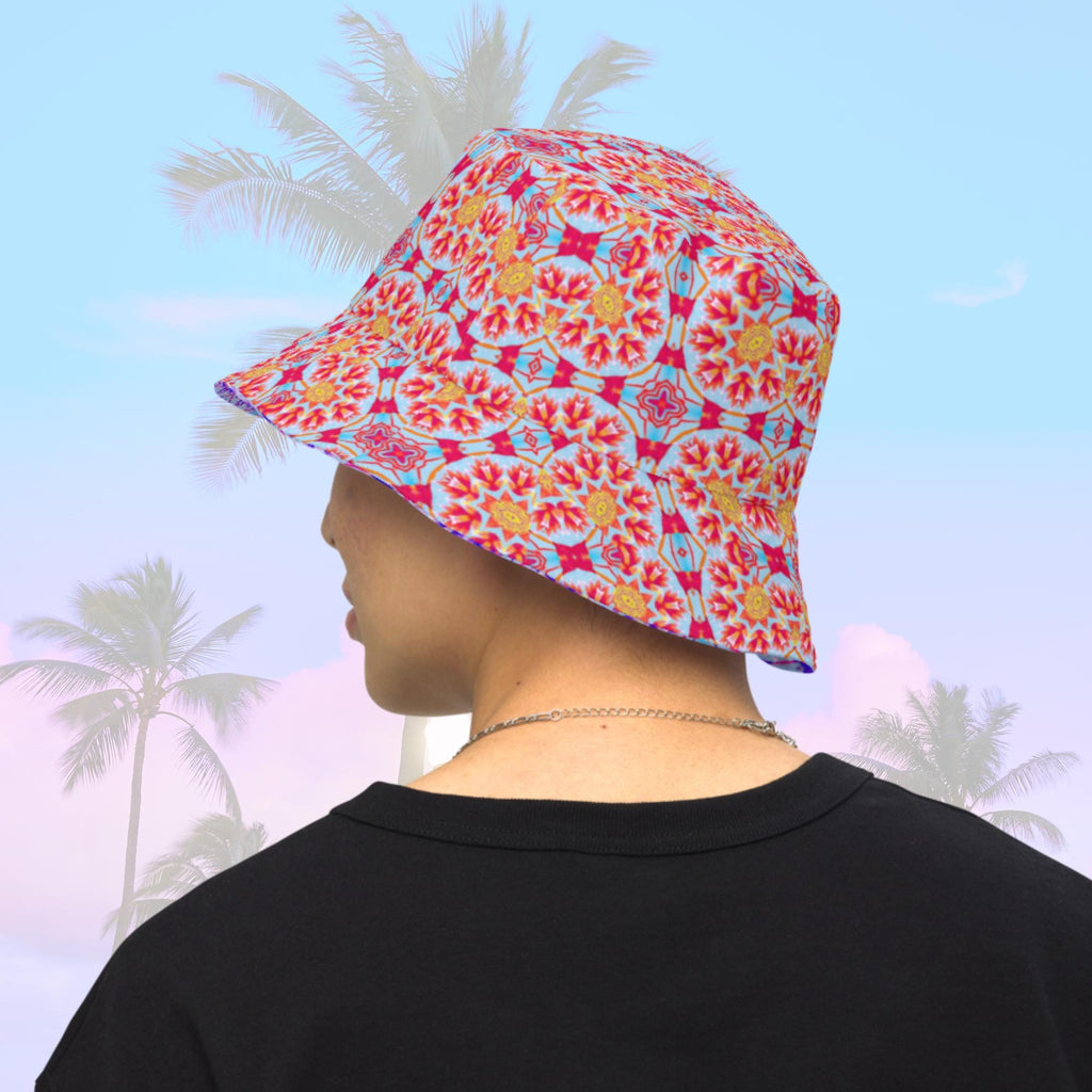 Vibrant Apparel New Zealand Reversible Floral Kaleidoscope Bucket Hat, Festival Rave Streetwear, Linen Feel Sun Hat