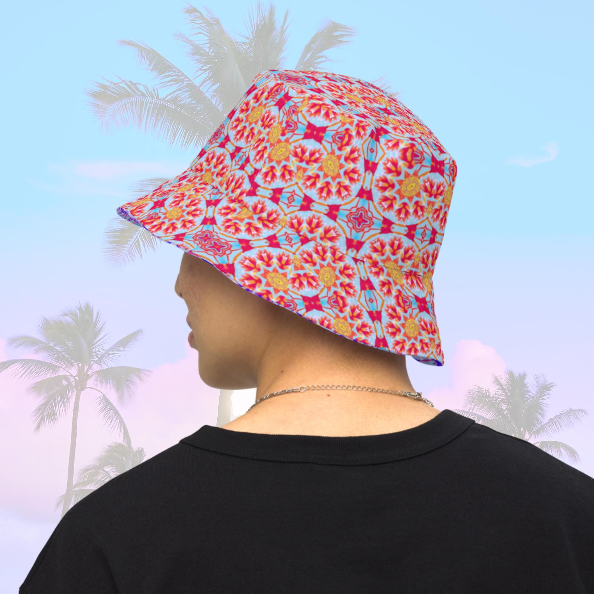 Vibrant Apparel New Zealand Reversible Floral Kaleidoscope Bucket Hat, Festival Rave Streetwear, Linen Feel Sun Hat