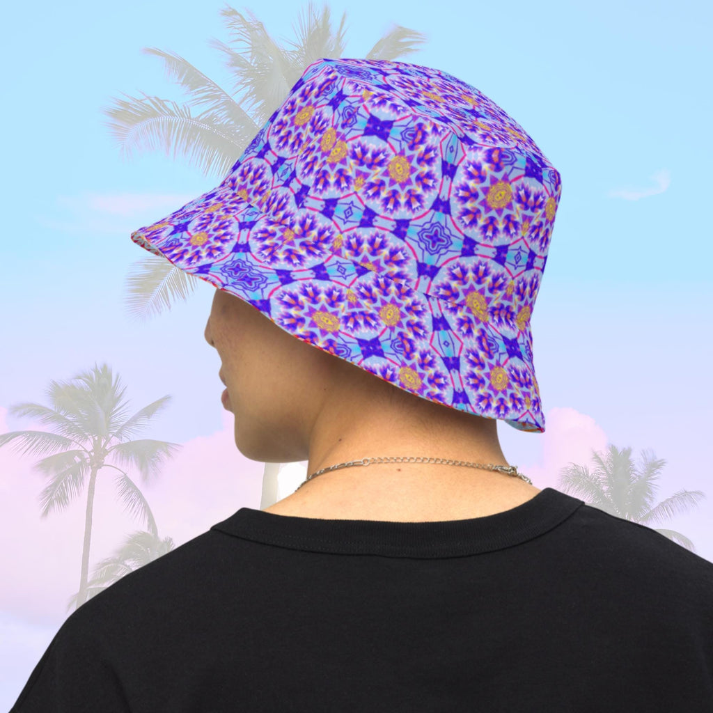 Vibrant Apparel New Zealand Reversible Floral Kaleidoscope Bucket Hat, Festival Rave Streetwear, Linen Feel Sun Hat