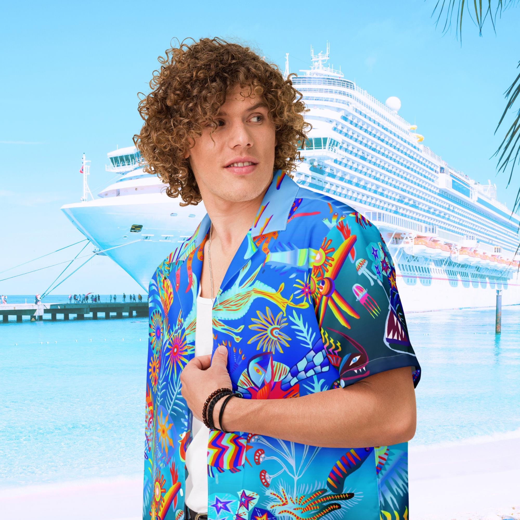 Vibrant Apparel New Zealand Custom Blue Hawaiian Shirt, Tropical Ocean Fish Print Resort Button Up, Moisture Wicking Beachwear