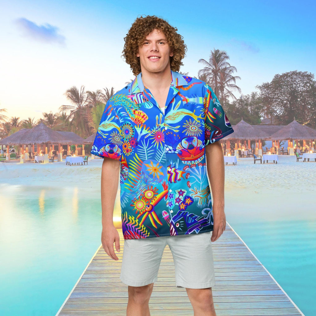 Vibrant Apparel New Zealand Custom Blue Hawaiian Shirt, Tropical Ocean Fish Print Resort Button Up, Moisture Wicking Beachwear